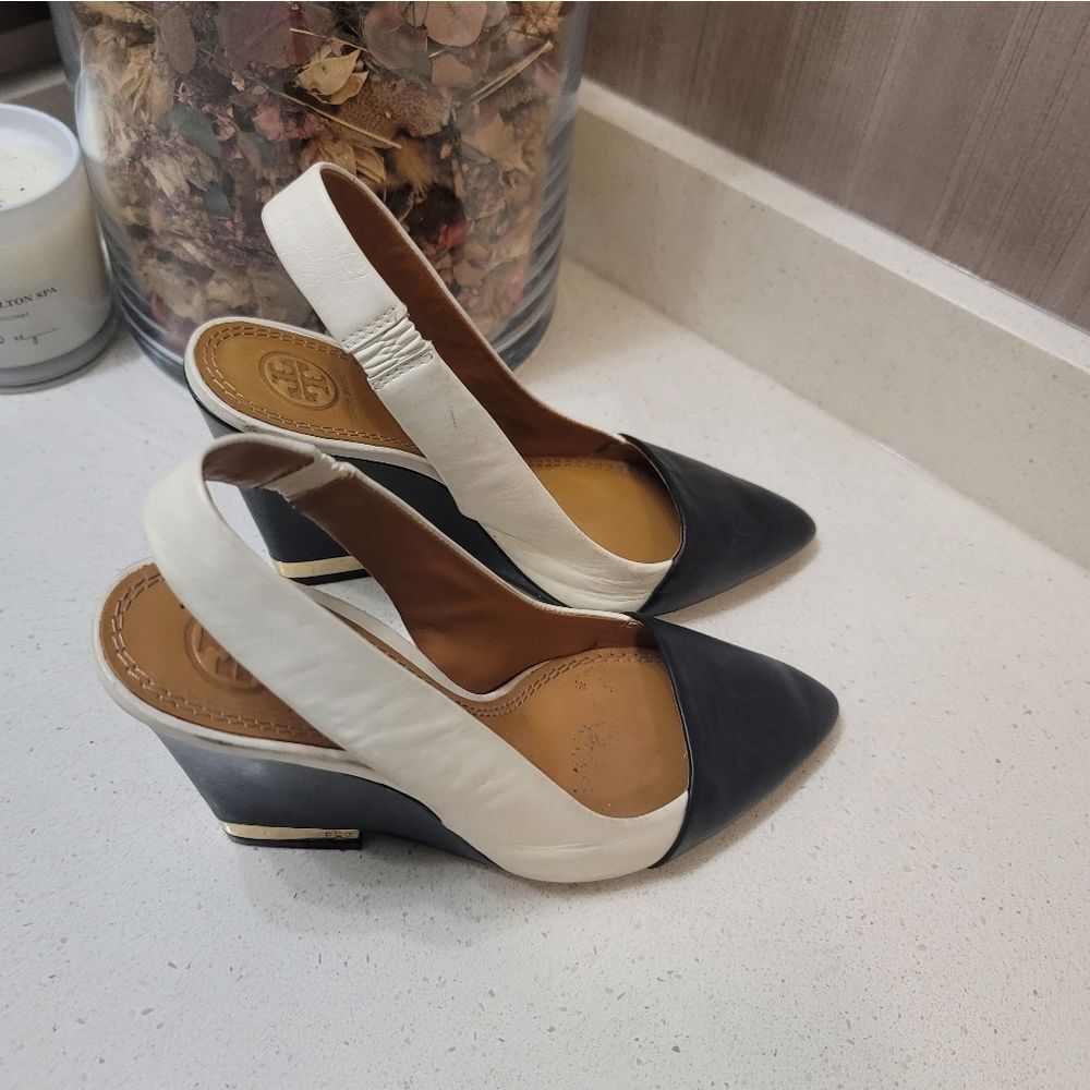 Tory Burch Black and White Slingback Wedge Pumps - Picture 4 of 8